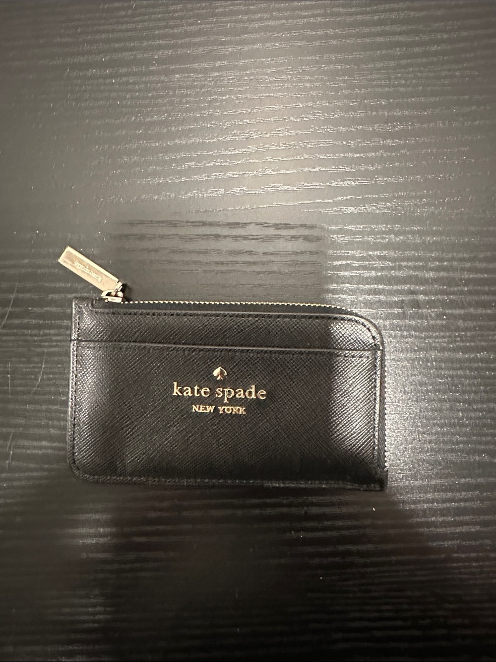 kate spade Black Leather Zip Card Case with Gold Logo
